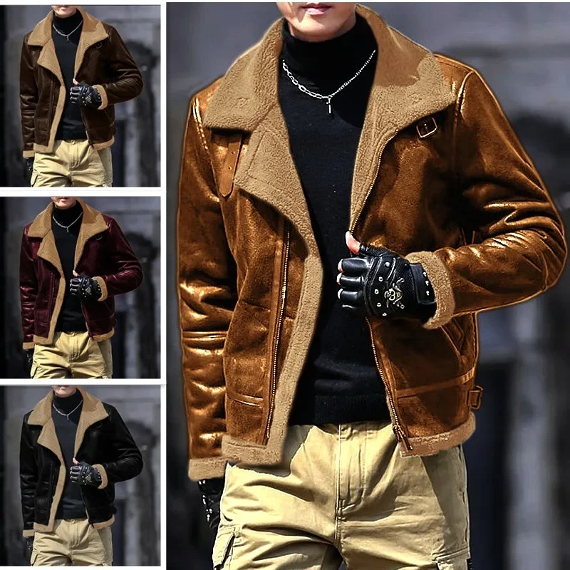 

Men Thick Warm Suede Jackets Male Autumn Winter Vintage Punk Faux Fur Padded Oversized Motorcycle Coats Outwear