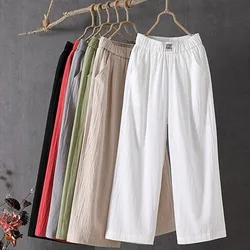 2023 Loose Wide Leg Elastic Waist Women's Pants Cotton Linen Thin Straight Solid Casual Trousers Womens Nine Point Pants