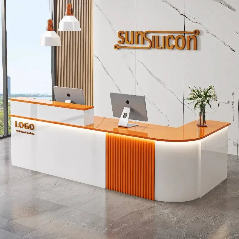Orange White Reception Desks Luxury Counter Wood Long Business Reception Desk Modern Weight Bancone Per Negozio Office Furniture