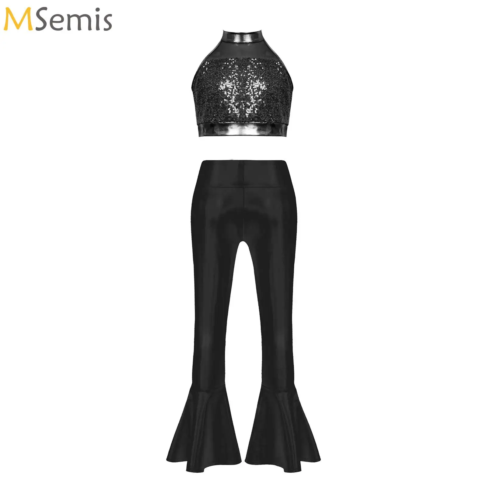 

Kids Girls Jazz Dance Outfit Two Pieces Shiny Sequins Dancewear Sets Metallic Crop Top with Pants Hippie Role Play Costumes