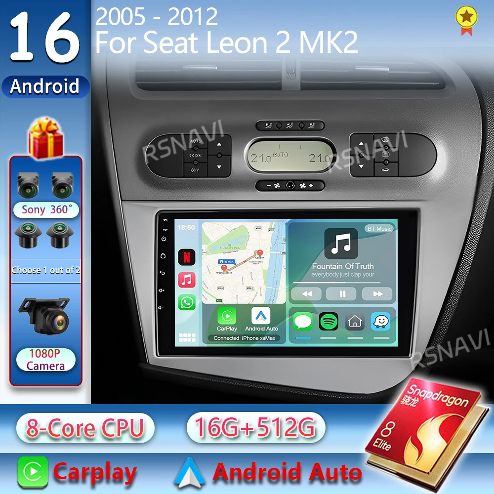 Android 16 Multimedia Player For SEAT Altea XL Leon 2 MK2 Toledo 5P 2004-2015 Car Radio  Navigation GPS Carplay Stereo Head Unit