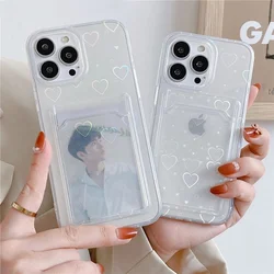 Cute Laser Love Heart Card Slot Holder Case For iPhone 15 14 13 12 11 Pro Max XS X XR 7 8 Plus SE 2 Mini Clear Wallet Soft Cover