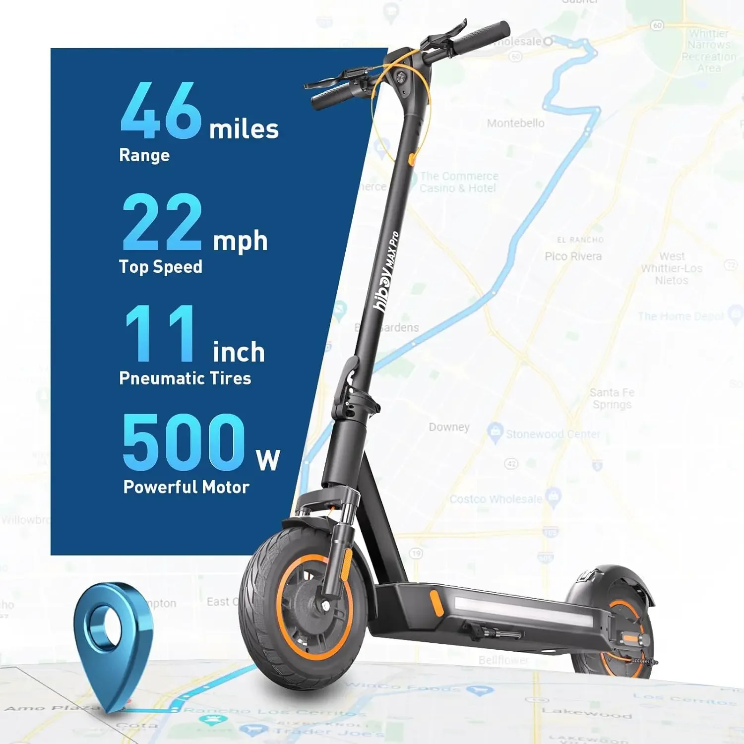 MAX Pro Electric Scooter, 46.6 Mi Long Range, 22 MPH Power by 650W MAX Motor, 11'' Pneumatic Tires, Split Hub Design, Dual