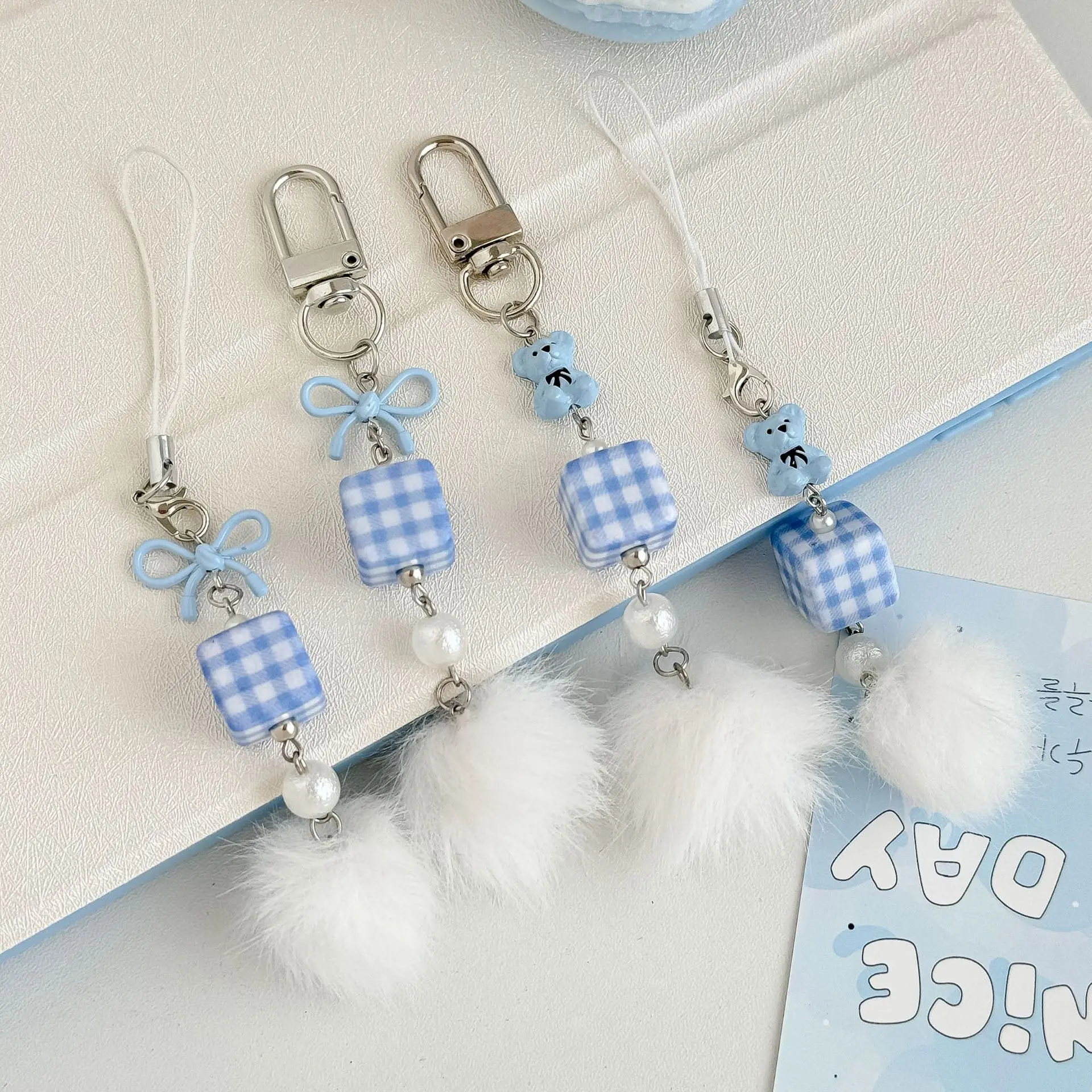 

Sweet Blue Bear Mobile Phone Straps Bowknot Korean Style Lanyard Schoolbag Decoration Pendant For iPhone Case Women Gift