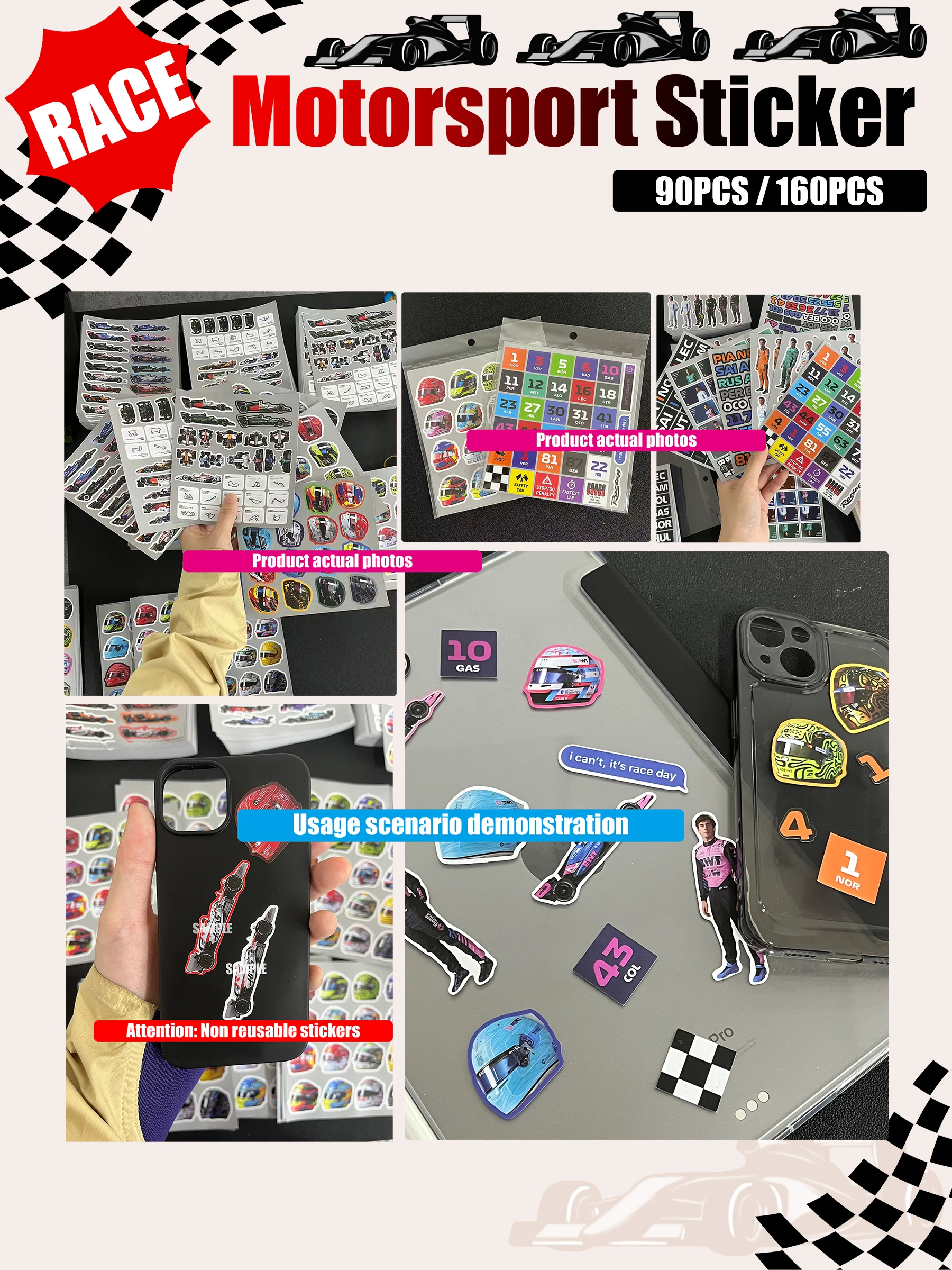 6 Pages/Set, 90Pcs/160Pcs Patterned Designs, Racing-Themed Combination Stickers, Nor/Lec/Rus/Ant/Ver/Gas/Col/Pia/Ham Stickers, Suitable for Luggage, Laptops, and Stationery Decoration - view 5