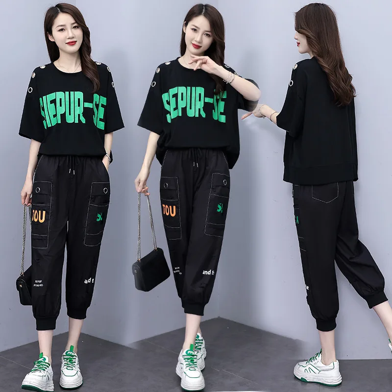 Summer Sports Set Short Sleeve T-shirt +cropped Pants Women's Two Piece Set 2024 New