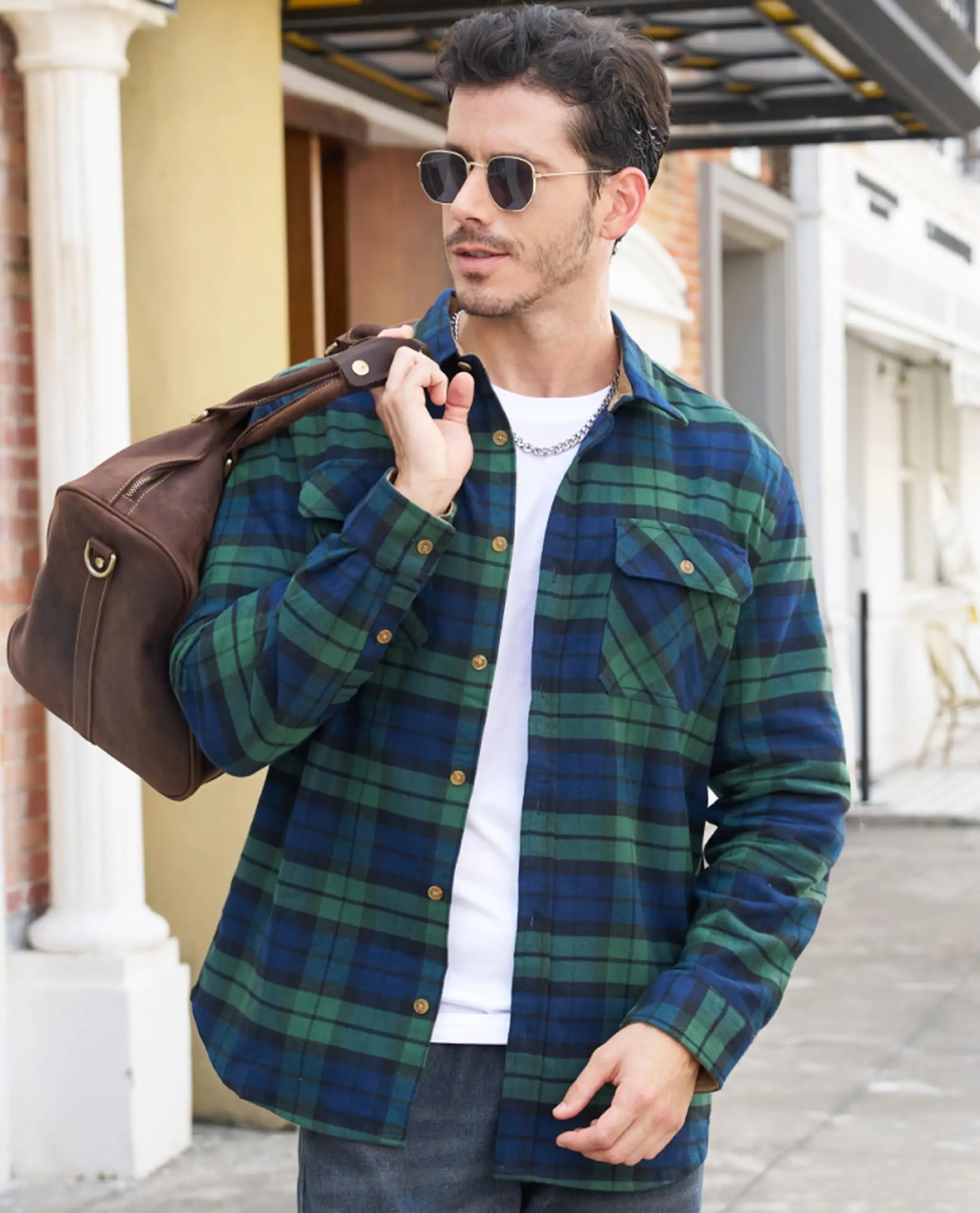 MAGCOMSEN Men's Cotton Flannel Shacket Plaid Shirt Long Sleeve Corduroy Collar 2 Chest Pockets Casual Work Overshirt Outdoor