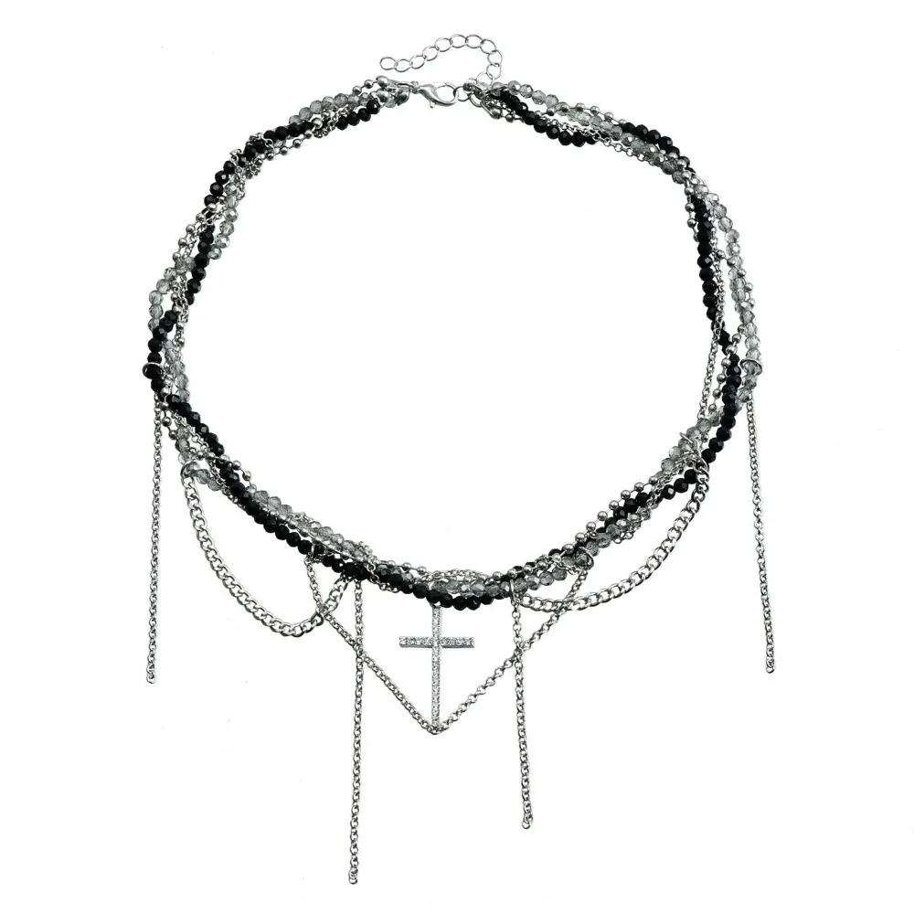 

New Black Cross Pendant Adjustable Multilayer Clavicle Chain Y2K Beads Tassels Necklaces Jewelry