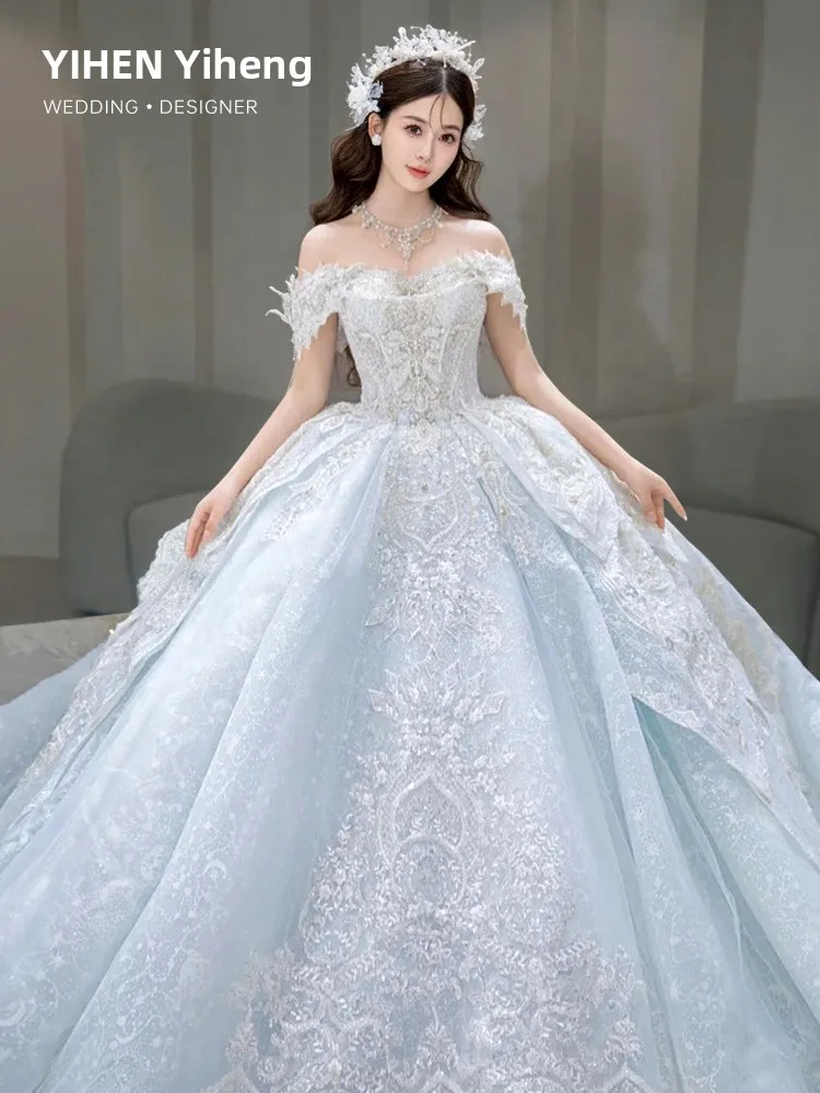 

Синее свадебное платье на одно плечо, длиной в пол, А-силуэт, с кристаллической отделкой, завышенной талией, элегантным драпированным шлейфом