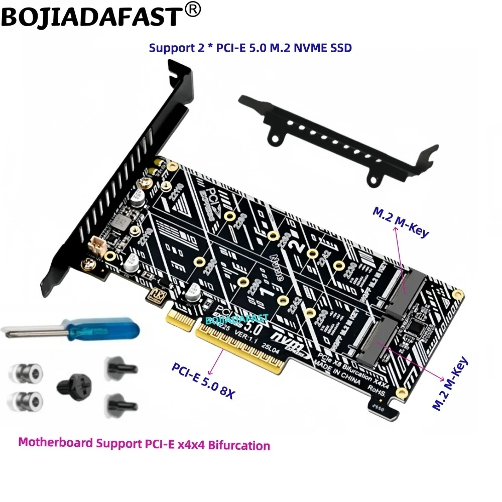 PCI Express X8 PCI-E 5.0 8X to 2 * NGFF M.2 M-Key 2280 22110 NVME SSD Adapter Card MB Support PCIe X8X4X4 Bifurcation