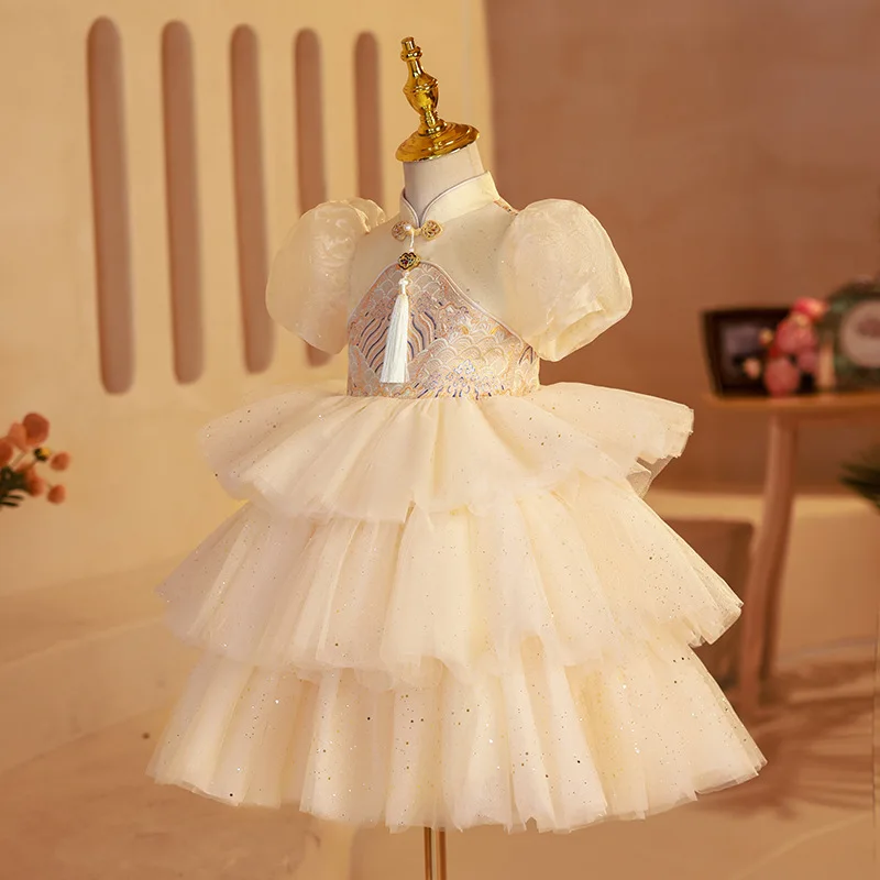 New Chinese style embroidered Tang dress for girls princess tutu Cake birthday wedding ball children's party performance dress