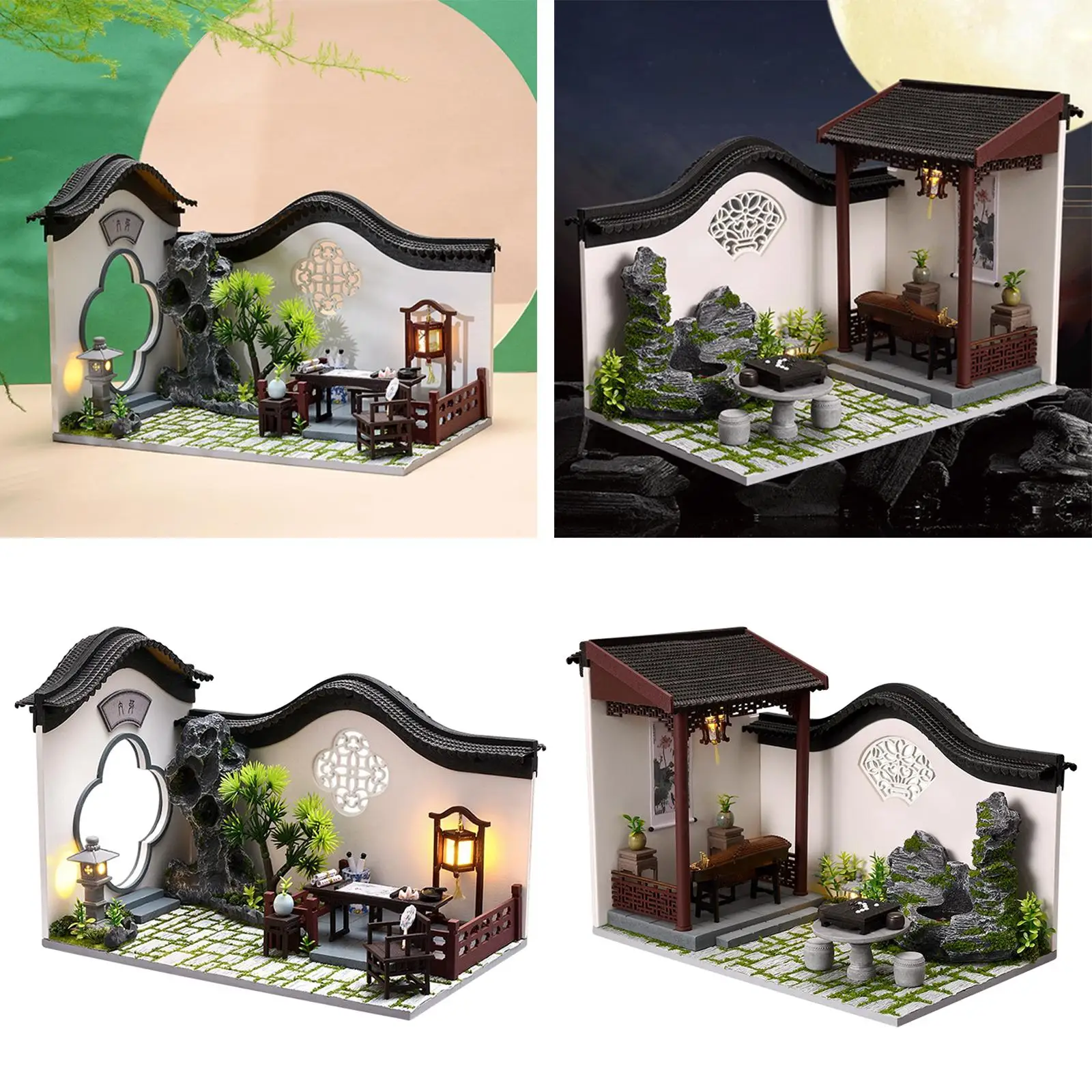 Miniatuur poppenhuis met LED-licht en meubilair Chinese binnenplaatsarchitectuur
