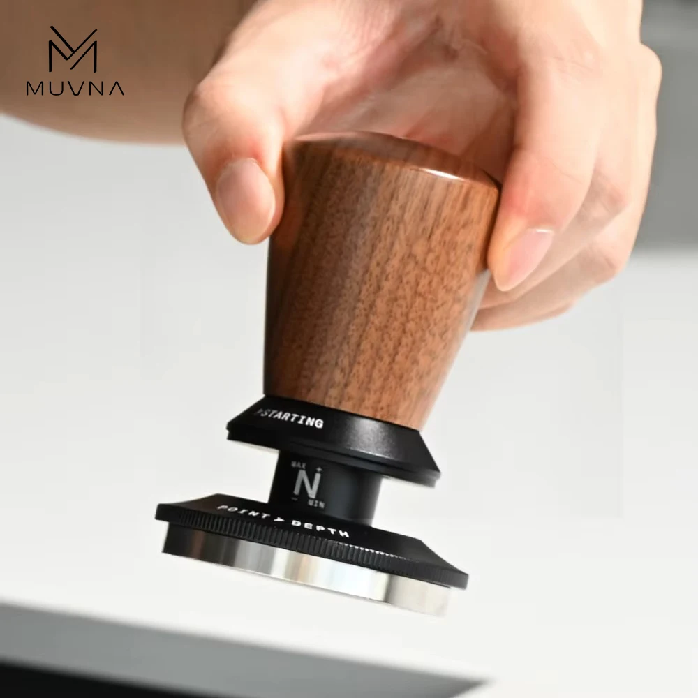 MUVNA Coffee Tamper 51mm 53mm 58.35mm Stepless Adjustable Self-Leveling Espresso Tamper Walnut Handle 304 Stainless Steel Ripple