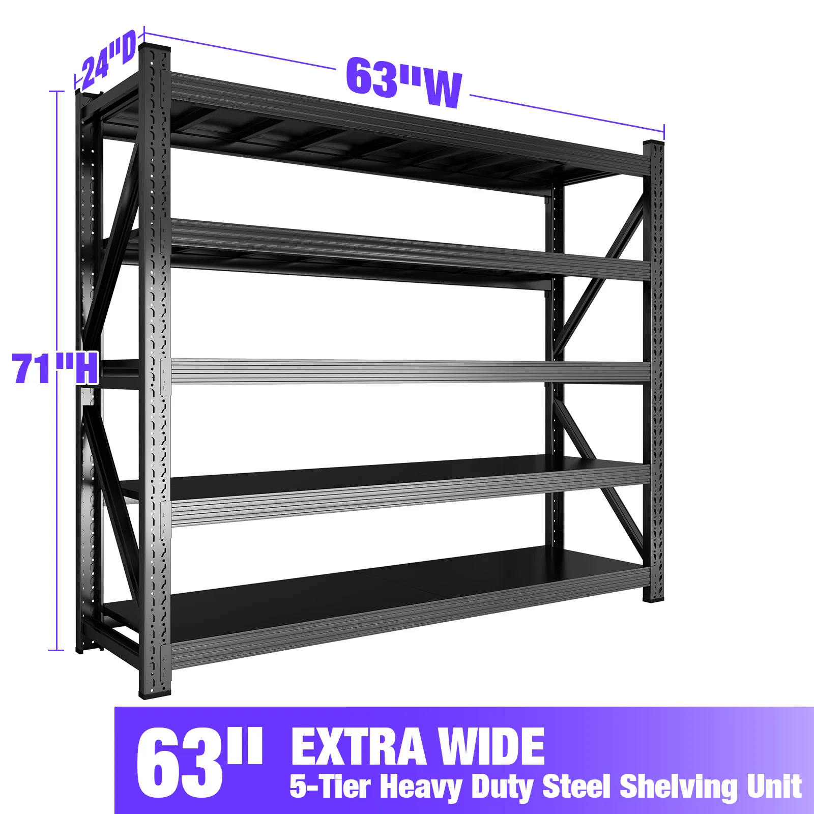 5‑Tier Black Boltless Metal Storage Shelving Unit 63'W X 24'D X 71'H Adjustable Heavy‑Duty Garage Warehouse Utility Storage Rack