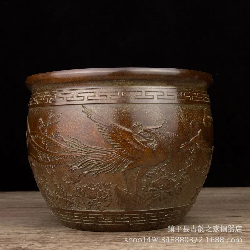 Pure Copper Hundred Birds Adoring the Phoenix Golden Toad Brass Cylinder Ornament Office Home Living Room Shop Desktop Decoratio