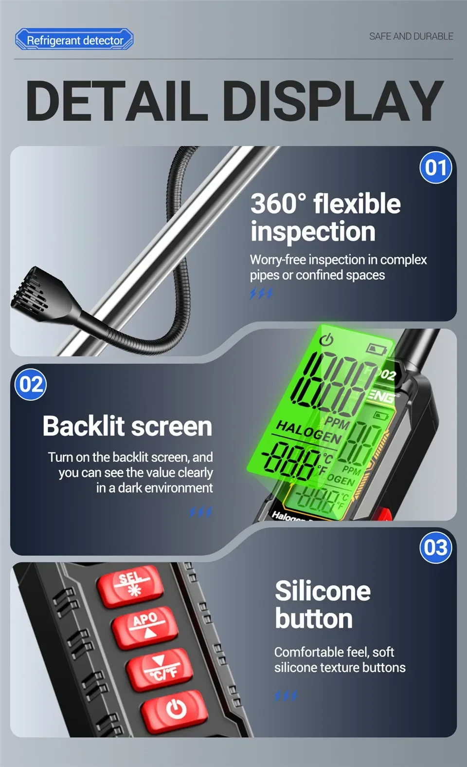 Kältemittelgas-Leckdetektor ANENG HD02 Klimaanlagen-Detektor Halogen-Detektor Hochempfindlicher R22/R32/R134a Lecktester – Detail 7