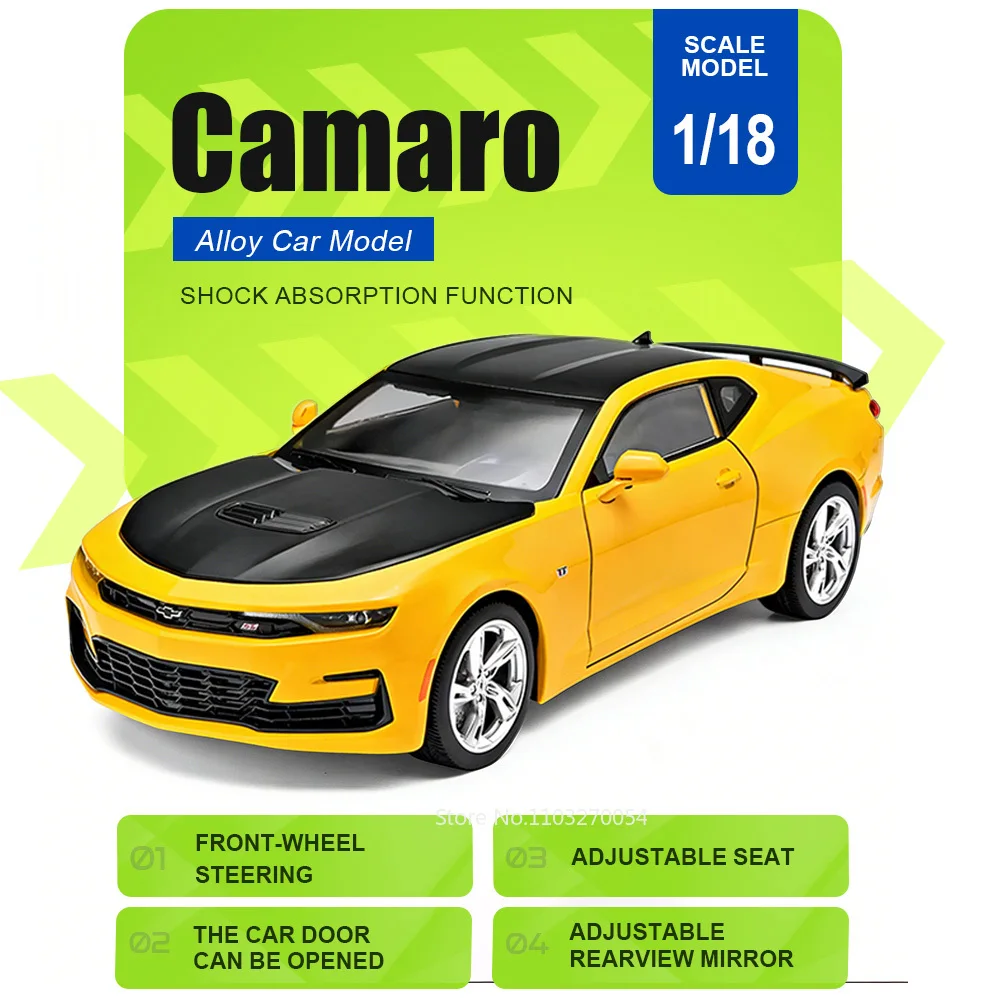 

Машинка-модель 1:18 Camaro 530Li, литая из сплава, с амортизацией на четырех колесах, открывающиеся двери, рулевое управление передними колесами, подарок для мальчика