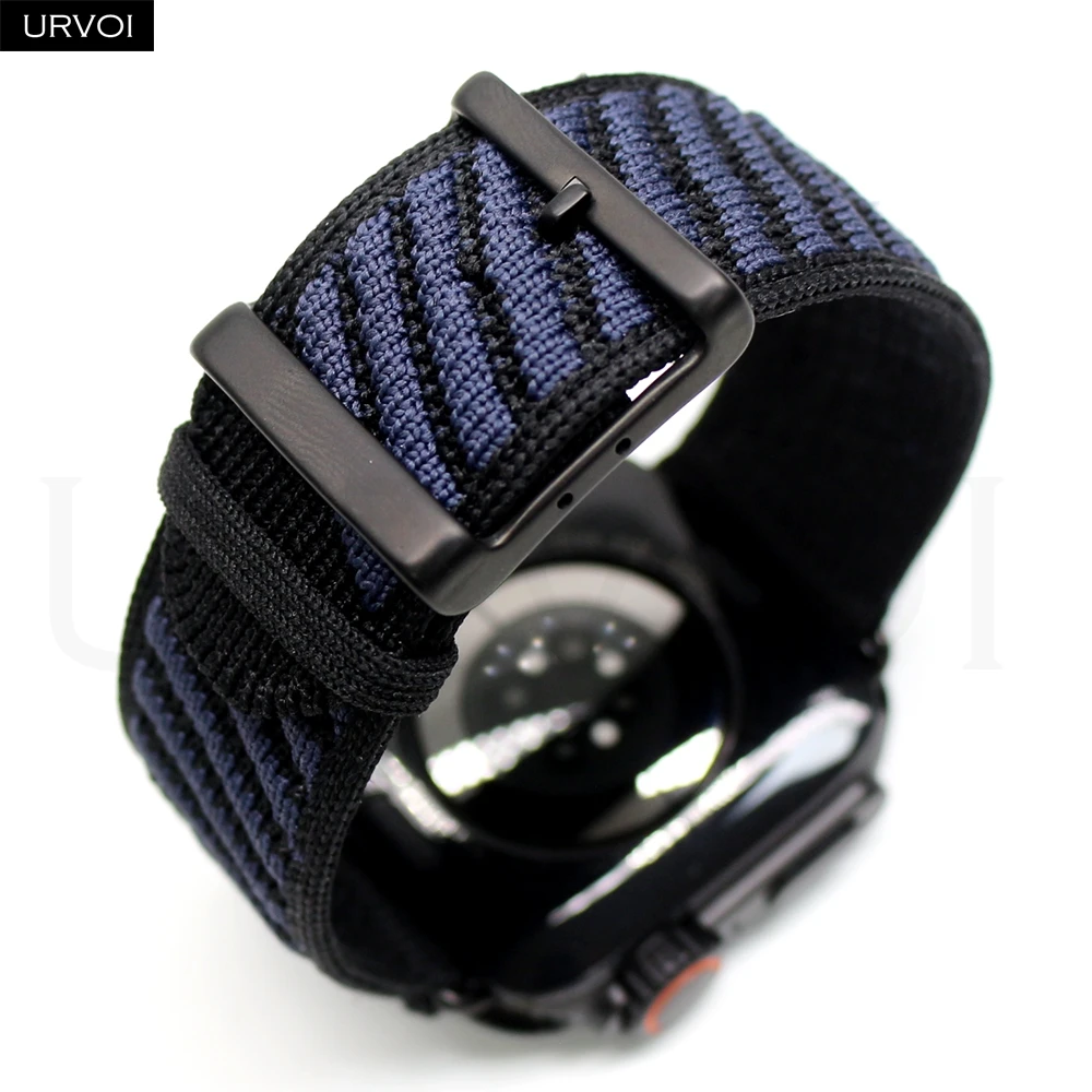 URVOI Armband für Apple Watch Ultra 3 2 En Mer Strap Noir/Bleu Nuit mit Ozeanwellenmuster aus Polyamidgarn, schwarze Version, individuelle Schnalle
