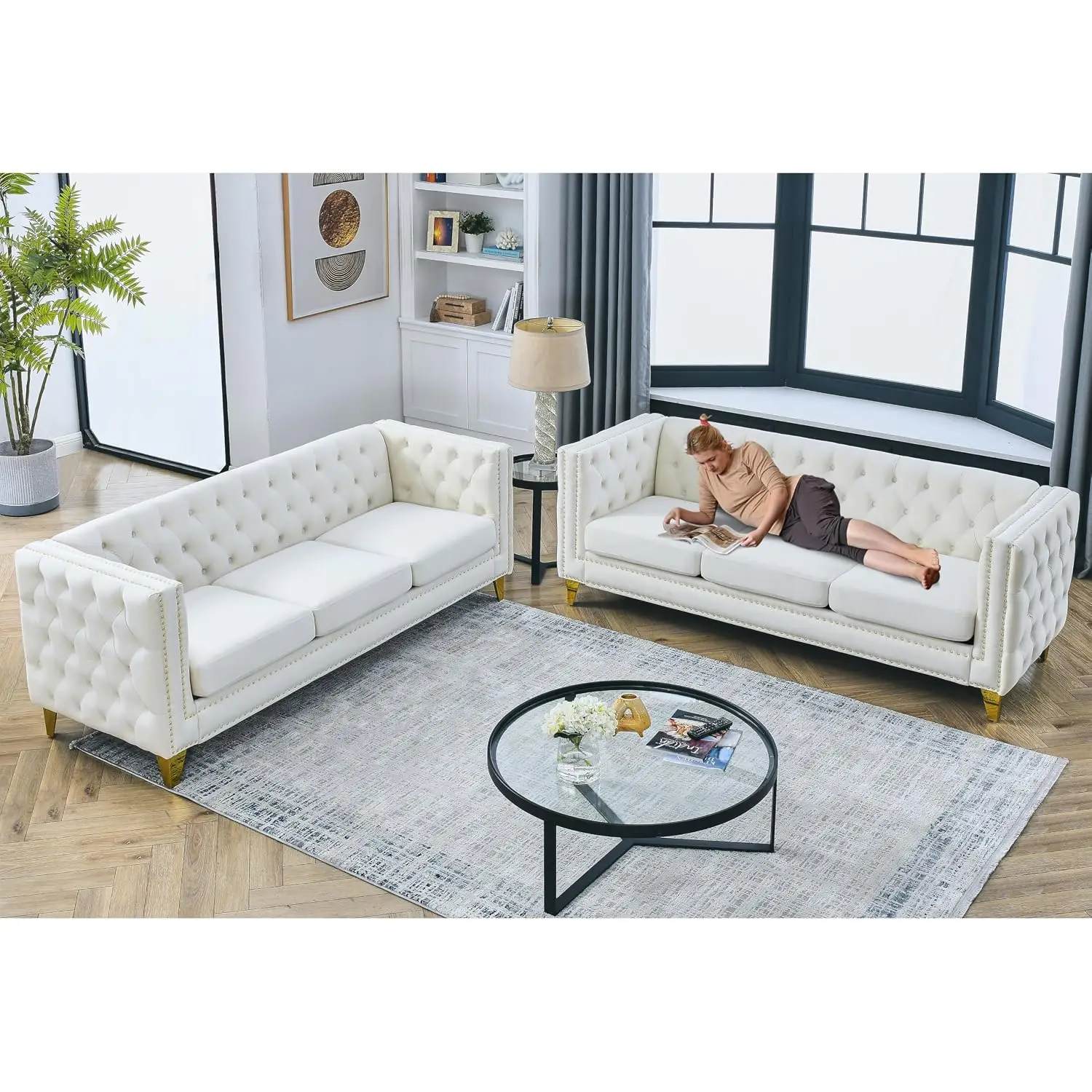 Beige 3-Seater Velvet Sofa Set, Button Tufted Square Arm Gold Nailhead Trim Metal Leg Living Room 2PCS, Customized