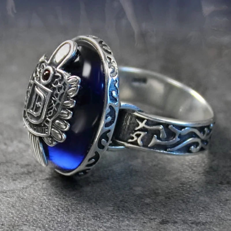 S925 Pure Silver Vampire Diaries Damon Rings 2022 Trend Translucent Blue Spinel Wide Version Domineering Wave Of Men\'s Rings