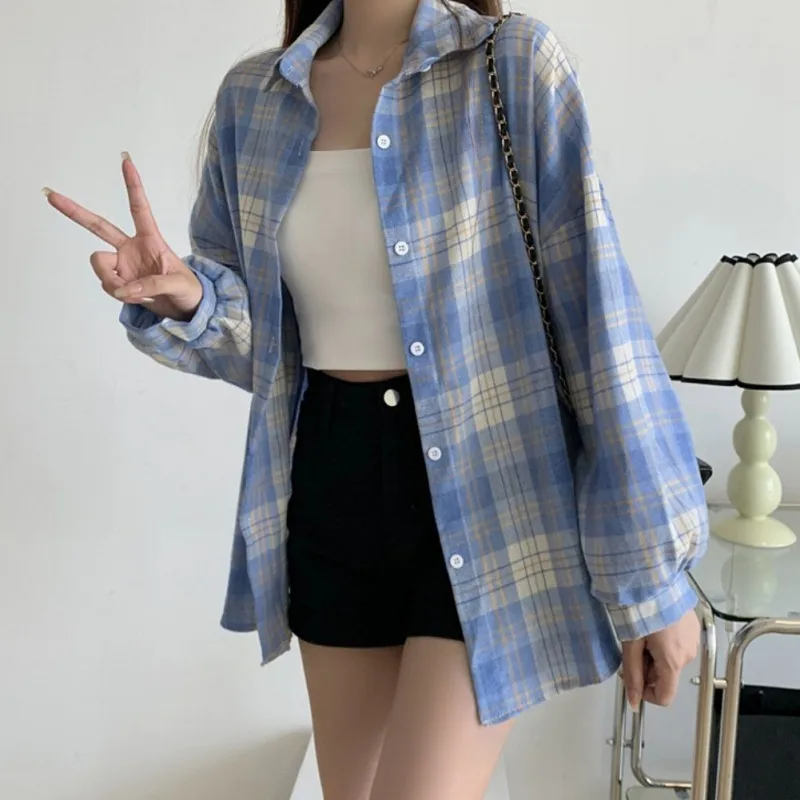 Women Vintage Long Sleeve Shirt Oversized Plaid Shirt Autumn Loose Lapel Pocket Shirt Blouse Korean Busas Para Mujer  ﻿