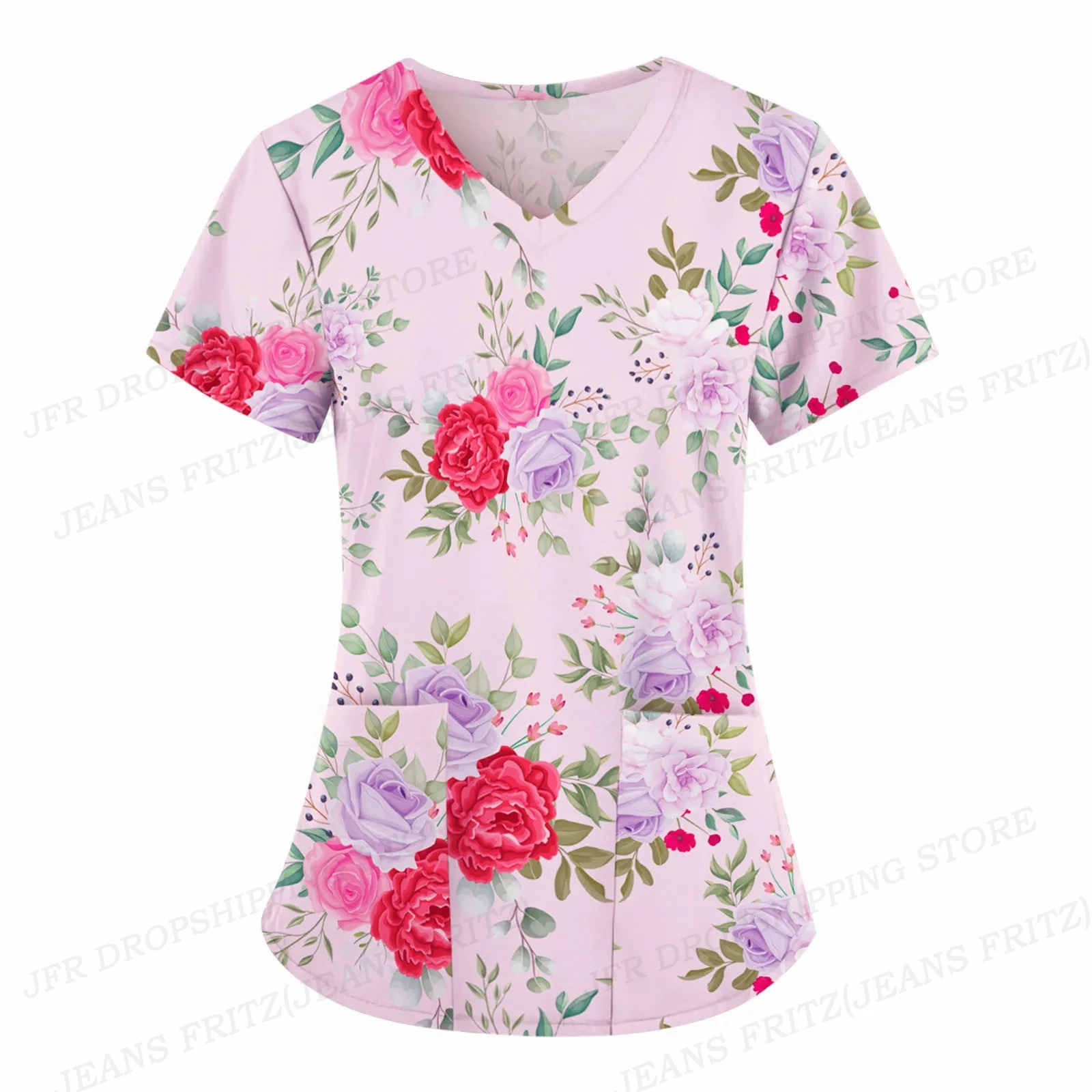 Women Nurse Uniform Flower 3d Print V-Neck Pocket Medical Uniforms Cartoon Cat Nursing Scrubs Tops Uniforme enfermera