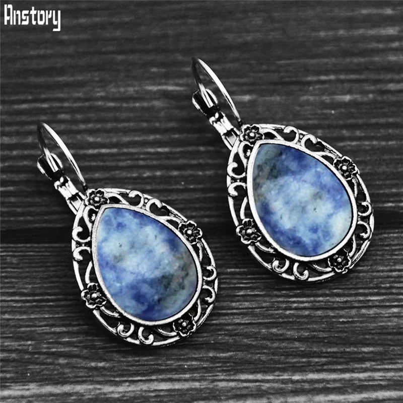 Vintage Drop Natural Jades Earrings Antique Silver Plated Natural Unakite Stone Flower Pendant Fashion Women Earring