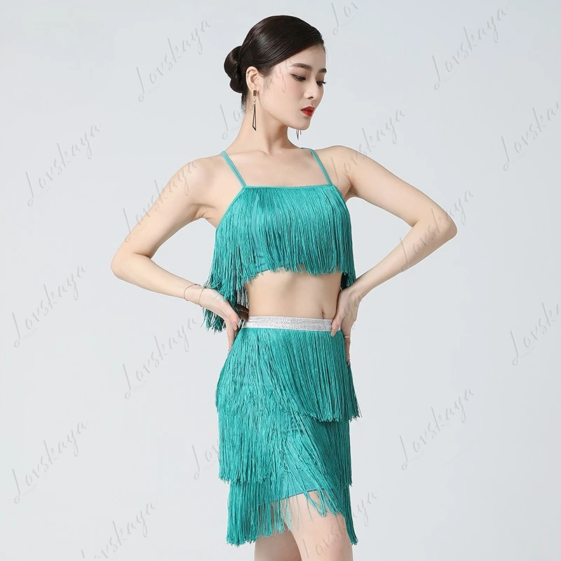 Completo con volant intrecciato, gonna con volant da ballo latino, abito da spettacolo teatrale, abito da spettacolo, abito da pratica, abito da ballo