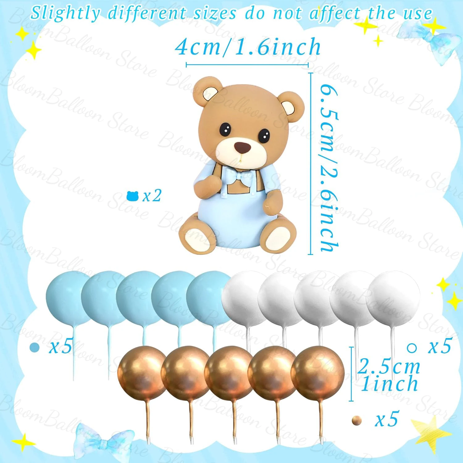17pcs Cute Blue Bear Cake Topper Blue Pink Gold Balls Cake Toppers for Kids Birthday Gender Revel Party Baby Shower Decoration