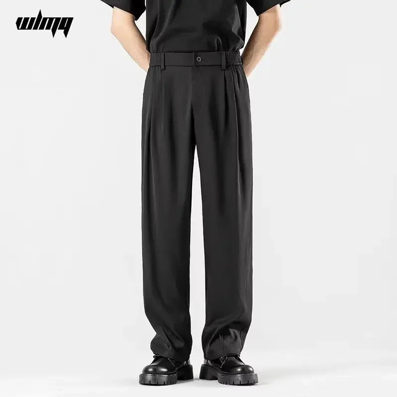 الصيف الرجال أنيقة البدلة الاجتماعية السراويل البريطانية الصلبة مستقيم واسعة الساق الأعمال بناطيل كاجوال موضة Y2k اليابانية الشارع الشهير