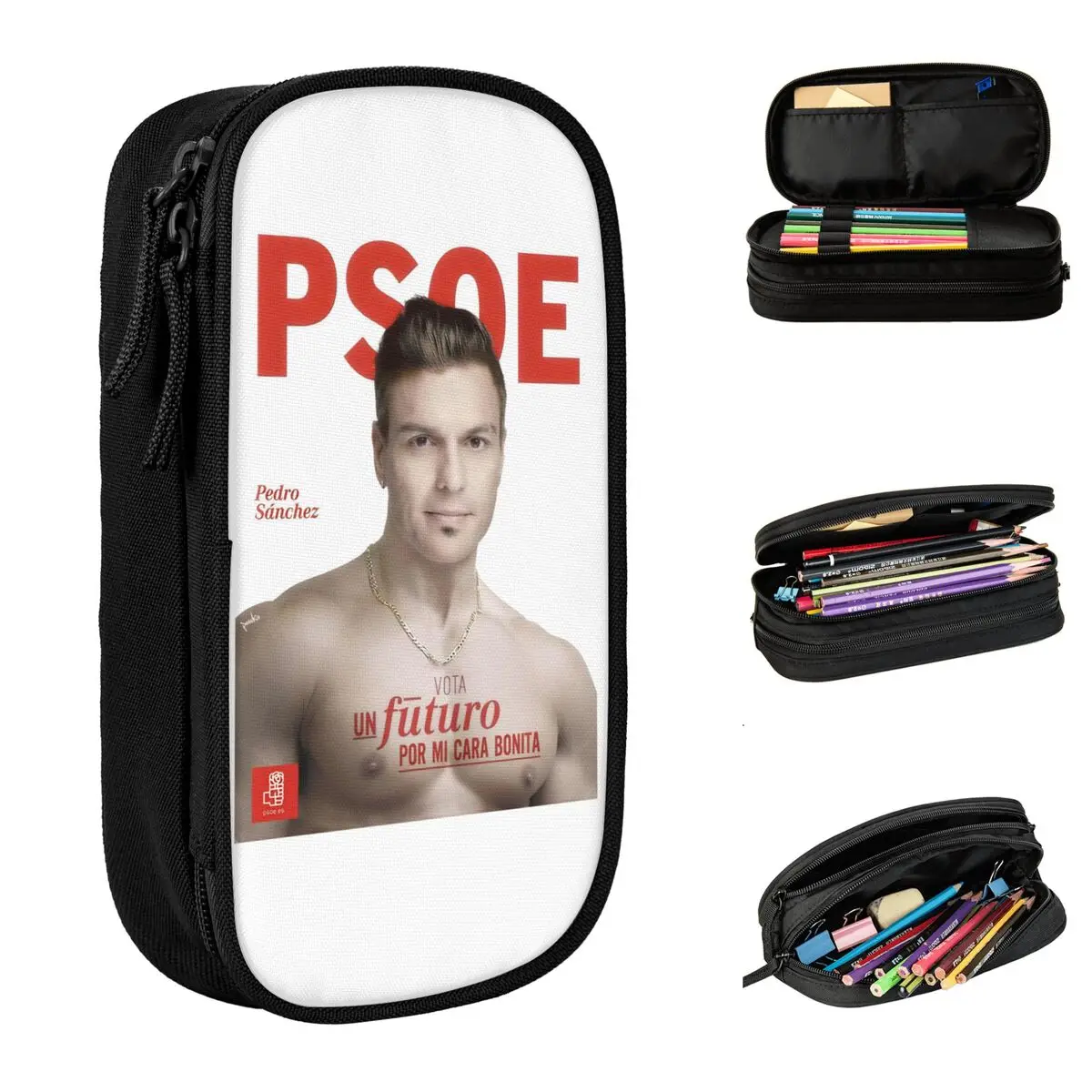 Estuche para lápices Pedro Sanchez España PSOE, caja grande para bolígrafos, estuches para lápices escolares bonitos de doble capa para niño y niña, organizador de papelería gráfico