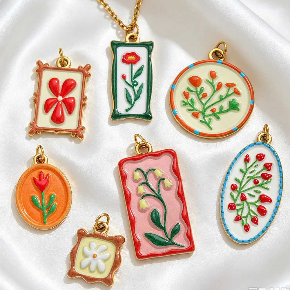 2pcs Boho Enamel Flower Pendants 18K Gold Plated Stainless Steel Charms Jewelry Making DIY Necklace Earrings Accessories Bulk