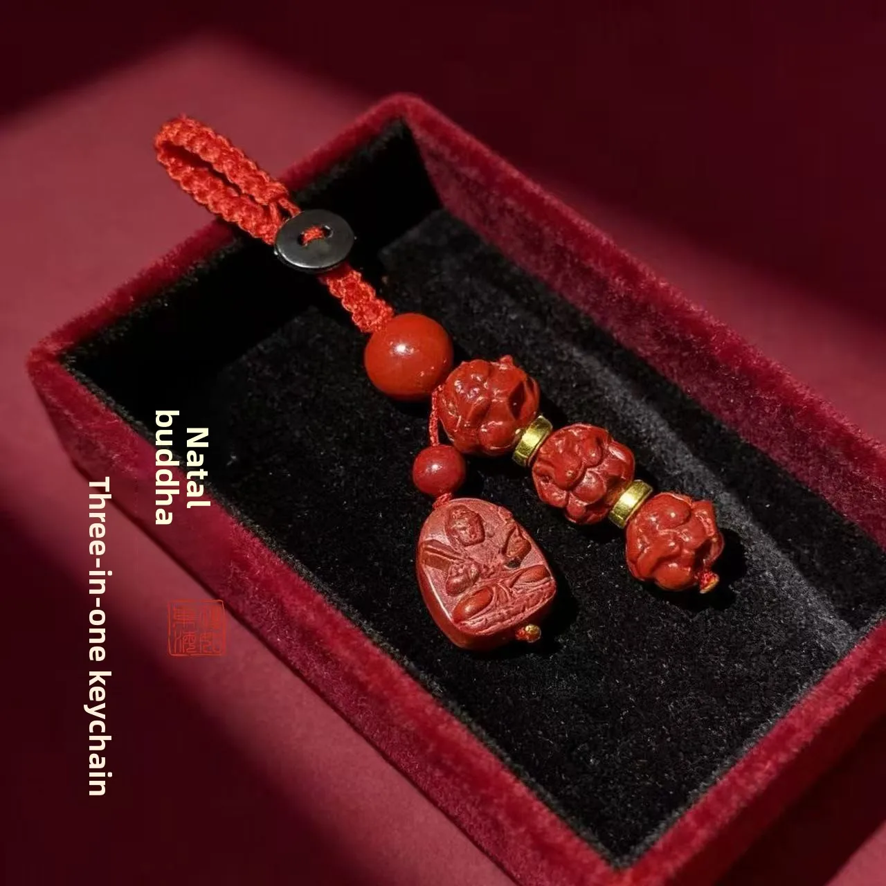 Traditional Chinese Cinnabar Sanhe Liuhe Patron Buddha Red Rope Keychain Lucky Fortune Blessing Good Luck Amulet Pendant For Bag