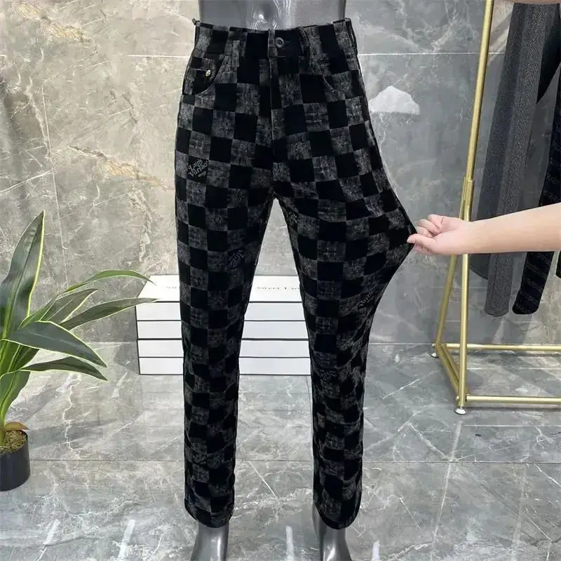 

Casual Pants Men's Trend Flower Plaid Business Straight Pants Autumn Slim Fleece Pants