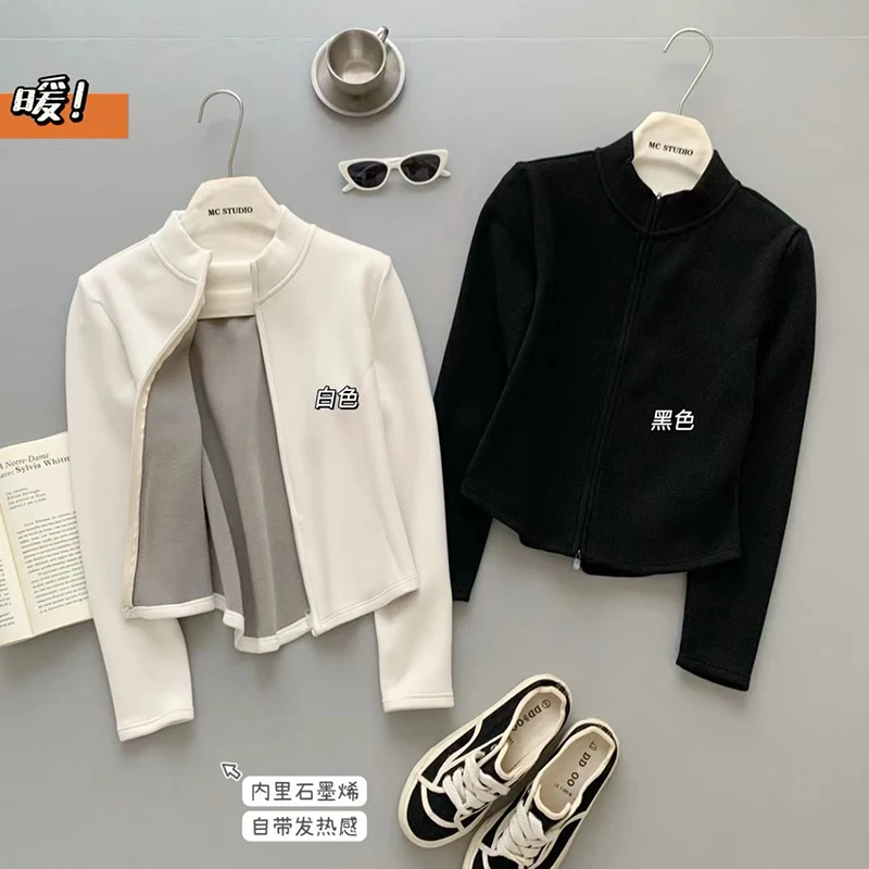 Autumn Winter Simple Graphene Warm Jacket Coat Velvet Stand-up Collar Zip Up Short Jacket Coat Women Black White Cardigan Tops