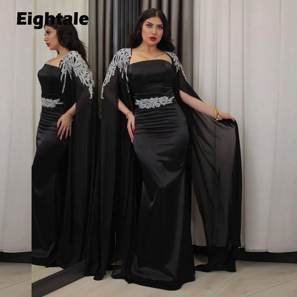 Eightale Formale frauen Abendkleider Arabisch Perlen Dubai Satin Cap Sleeves Schwarz Meerjungfrau Party Prom Kleider robe de soirée