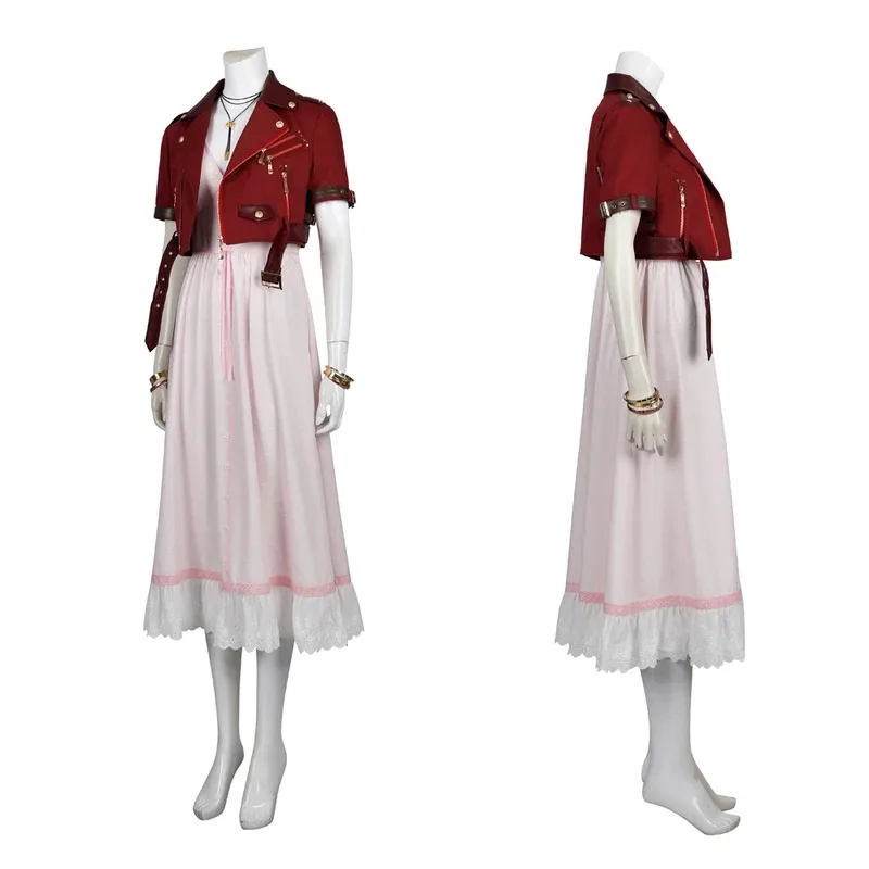 

Game FF7 Adult Aerith Gainsborough Costume Cosplay Remake Halloween Outfit Fancy Women Red Jacket Pink Dress if;3