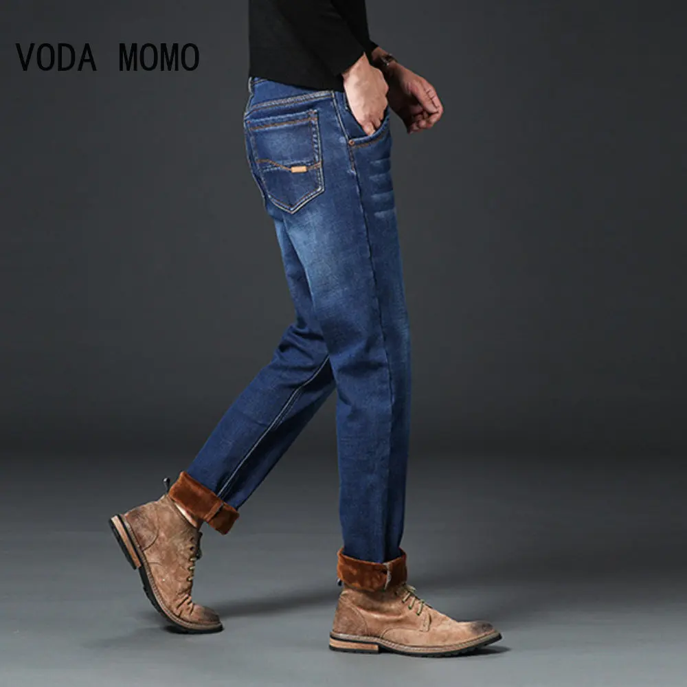 

Classic Casual Winter New Business Casual Men's Straight Jeans Fleece Thick Warm Fit Cotton Stretch Mid High Waist Trousers