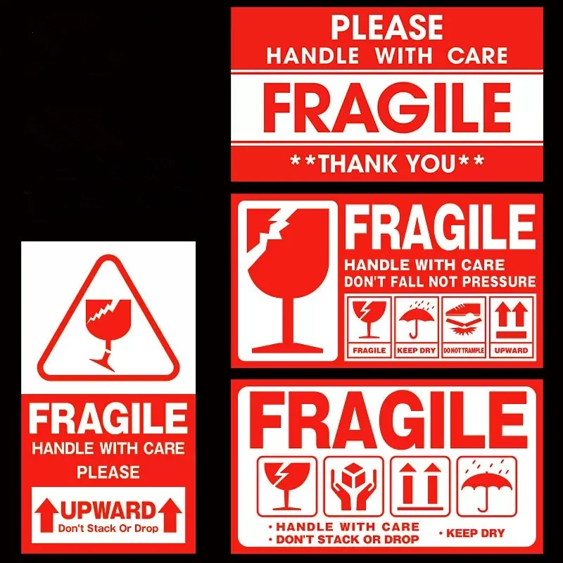 

1000 Pieces Fragile Articles English Autohesion Stickers Rectangle Red Logistics Transportation Glass Identification Stickers