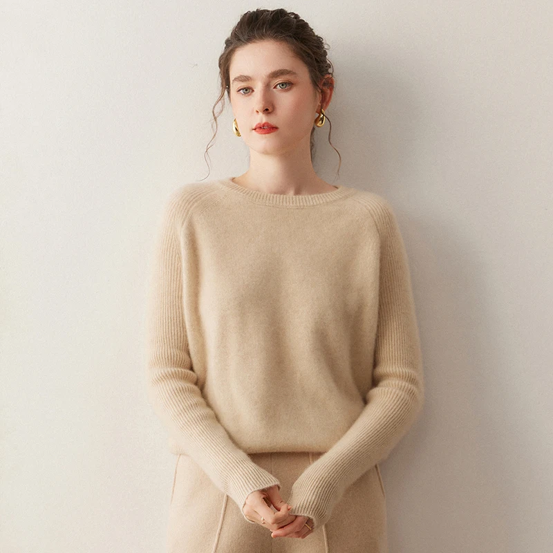 Stijlvolle Dames Trui Kleding 100% Kasjmier Trui O-hals Kantoor Vrouwelijke Herfst Winter Trui Raglanmouwen Gebreid
