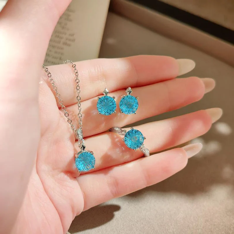Starry Ice Blue Crystal Four Claw Necklace Fashion Light Luxury Zircon Earrings Sparkling Sea Blue CZ Ring Jewelry Set KOFSAC