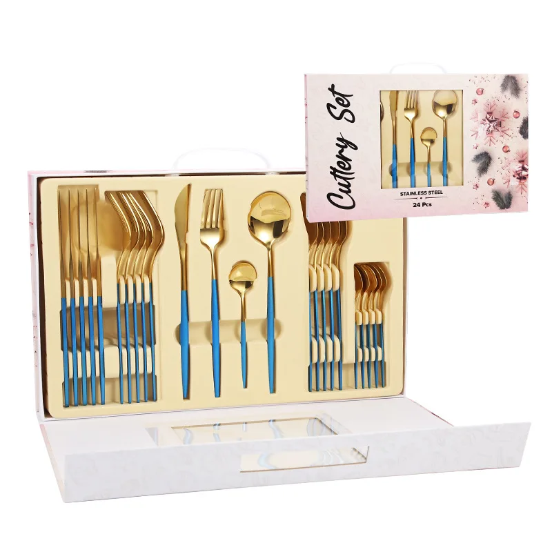 Stainless Steel Tableware Set, Knife, Fork, Spoon, Non-Slip, Kitchenware, Gift Box, Kitchen Dishes, Full Sets, 24 Pcs