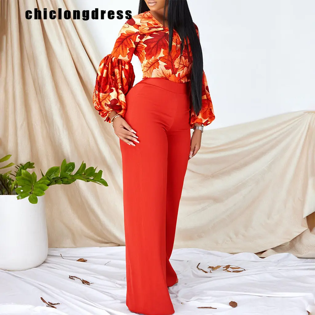 Summer Fashion Printing Two Piece Set Women Office Ladies Casual Printing Shirt Wide Leg Pants Two Piece Set African Women