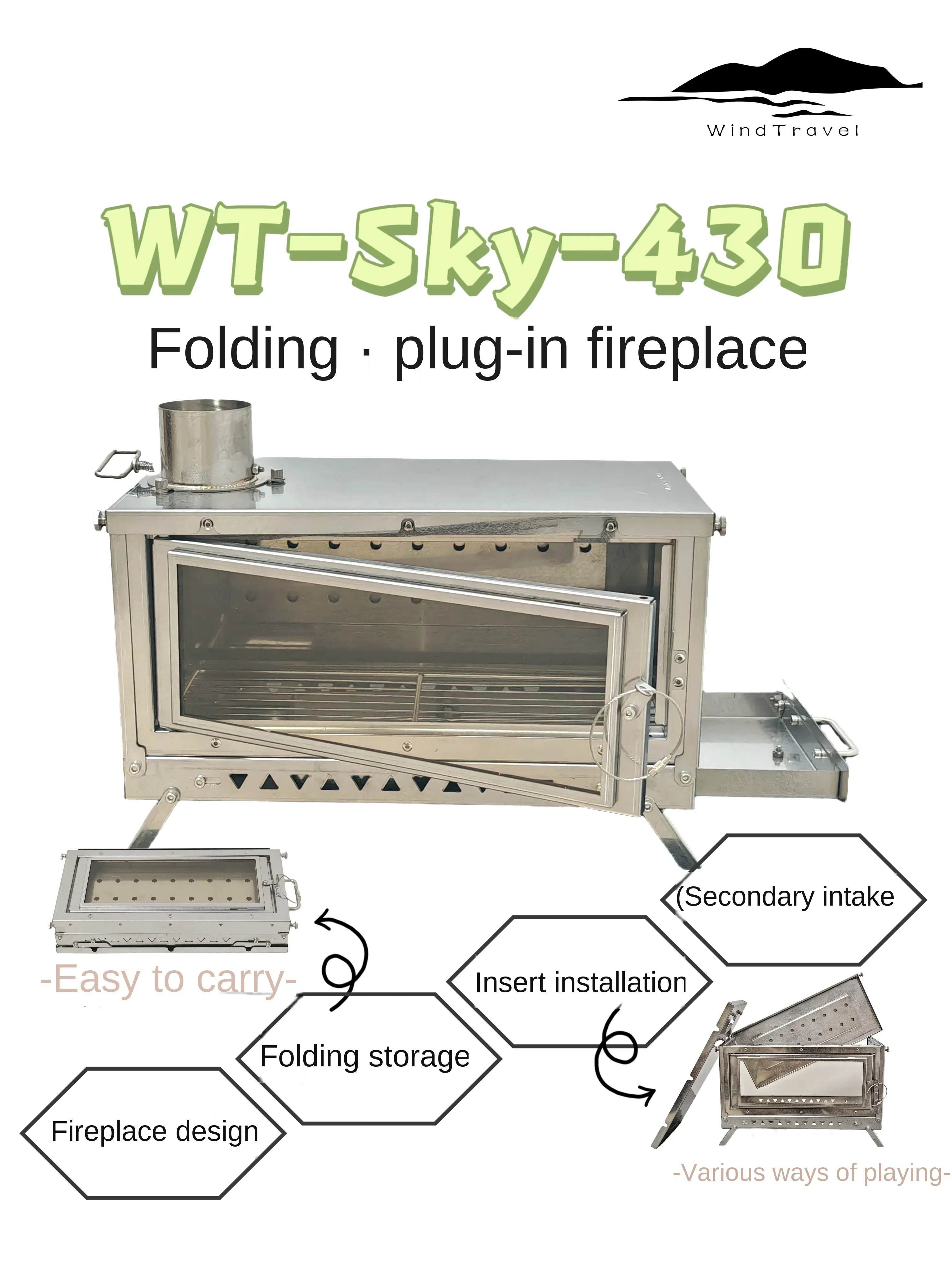 WT-Sky-430 Składany kominek Wielofunkcyjny piec na drewno Wtórny wlot powietrza Outdoor Camping Piec grzewczy