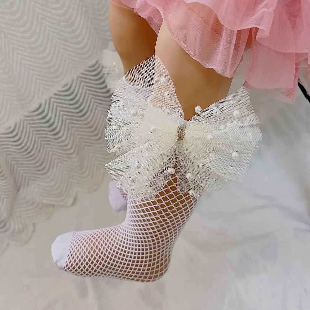 Korean Style Pearl Bow Stockings Kids Toddler Princess Lace Fishnet Calf Socks Hollow Out Breathable Over Knee Socks