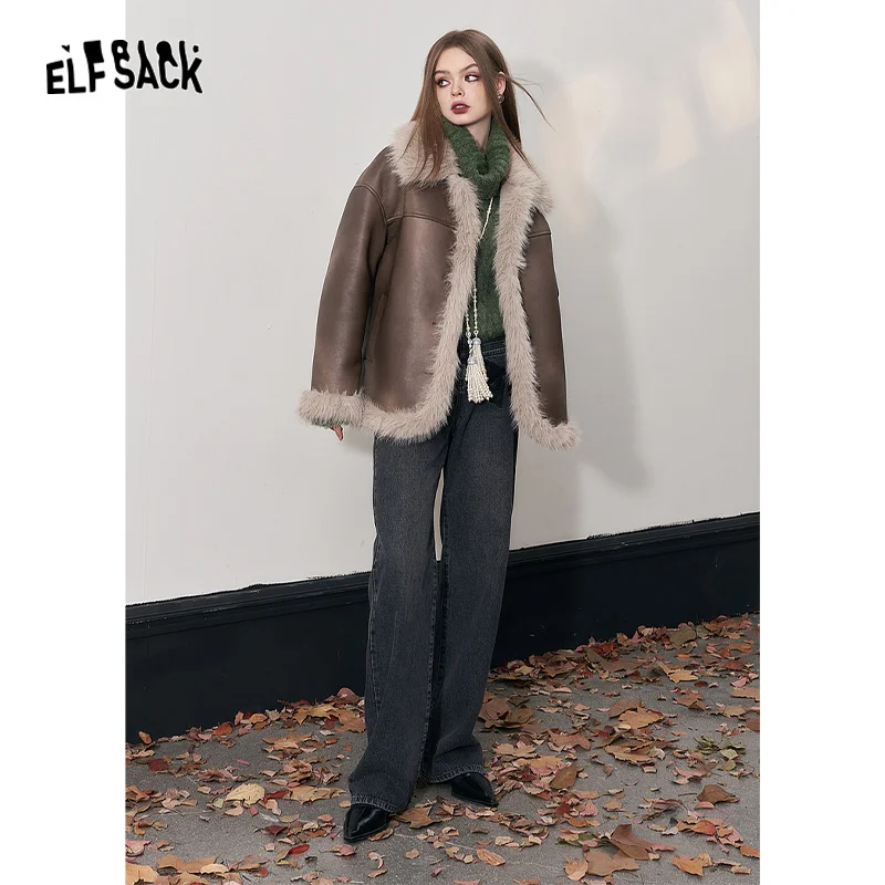 ELFSACK Fleece PU Coats Woman 2023 Winter New Designer Luxury Clothes