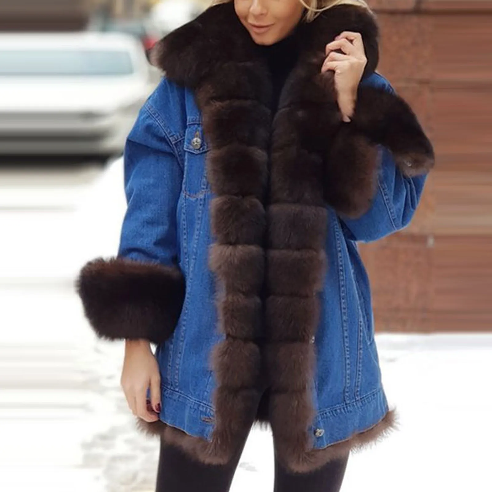 Fashion faux fur coat Autumn and winter Women\'s long-sleeved leather fur denim long coat Splicing Fleece Jackets Warm Overcoat