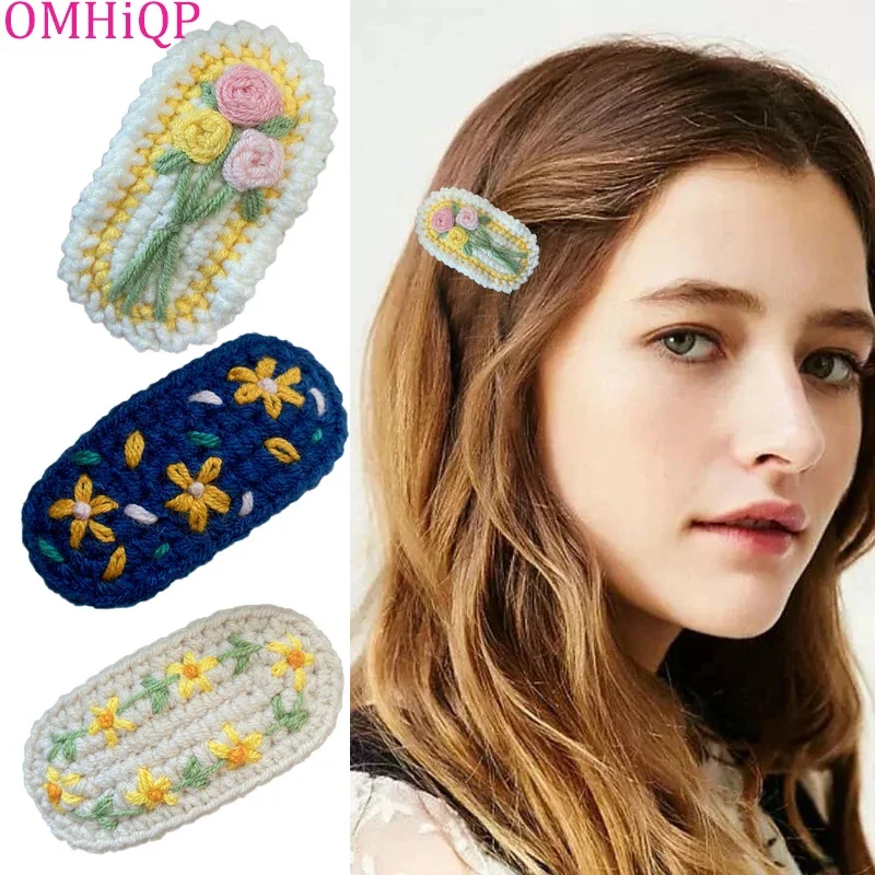 1 Pcs Handmade Cute Children\'s Wool Knitted Flower Hairpin Sets For Girl Fashion Bohemian Floral Hair Clip Accessories Gift