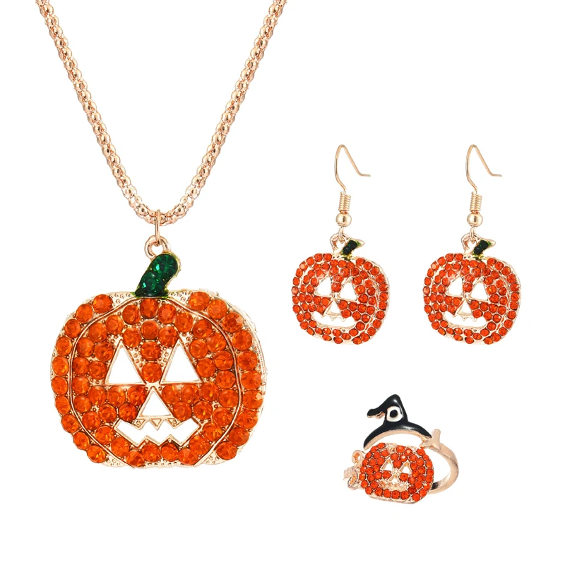 

Full Rhinestone Pumpkin Jewelry Set for Women Exquisite Pendant Necklace Dangle Earring Finger Ring Halloween Party Jewelry Gift