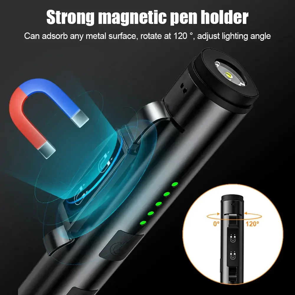 Portable Multifunctional UV Flashlight LED Pen Light Built-in Battery USB Rechargeable Waterproof Work Lantern with Magnet